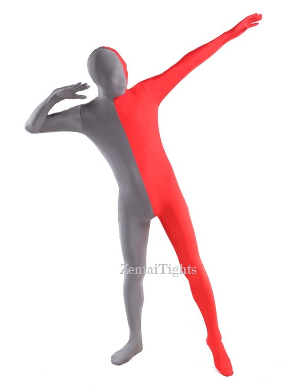 Halloween Red and Grey split Zentai costume Full Body Lycra Spandex zentai suit
