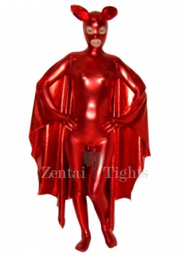 Red Shiny Metallic Unisex Catsuit with Mask and Cape