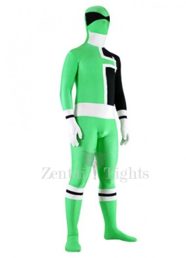 Green with White And Black Lycra Spandex Unisex Full body Zentai Suit
