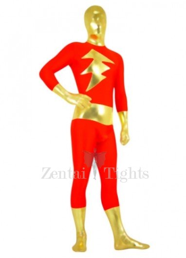 Red with Gold Shiny Metallic Lycra Spandex Super Hero Full body Zentai Suit