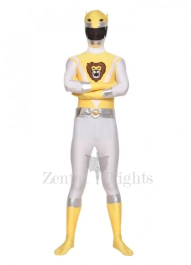 Top Top Yellow And White Shiny Metallic Lycra Super Hero Full body Zentai Suit