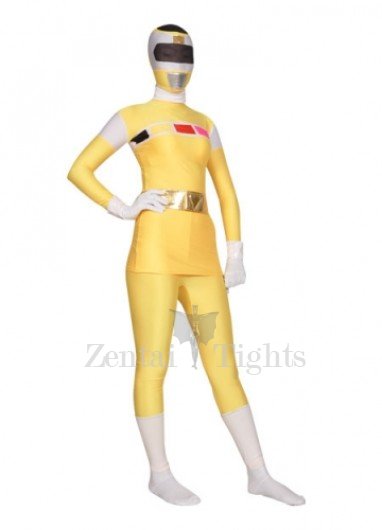 Yellow with White Shiny Metallic Lycra Super Hero Full body Zentai Suit