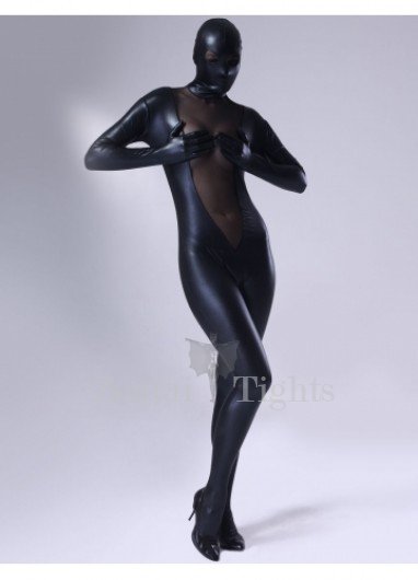 Black Shiny Metallic Lycra Female Full body Zentai Suit