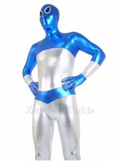 Blue and Silver Shiny Metallic Unisex Full body Zentai Suit