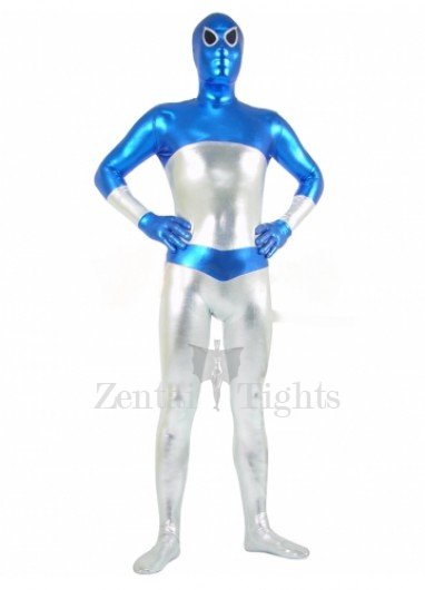 Blue and Silver Shiny Metallic Unisex Full body Zentai Suit
