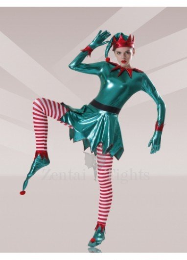 Green Red White Shiny Metallic Lycra Stripes Unisex Full body Zentai Suit
