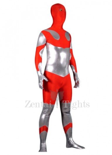 Silver And Red Shinny Metallic Lycra Spandex Full body Zentai Suit