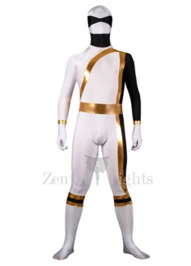 White And Gold Lycra Spandex Shiny Metallic Super Hero Full body Zentai Suit