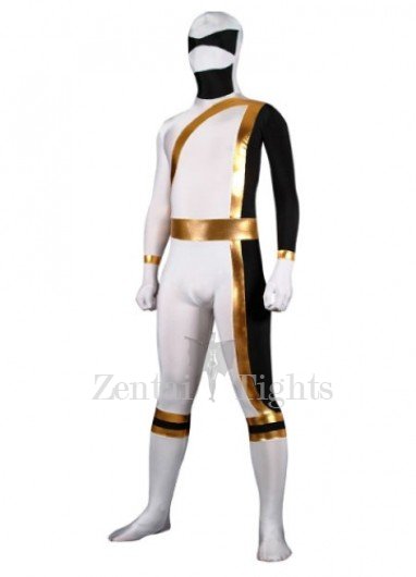White And Gold Lycra Spandex Shiny Metallic Super Hero Full body Zentai Suit