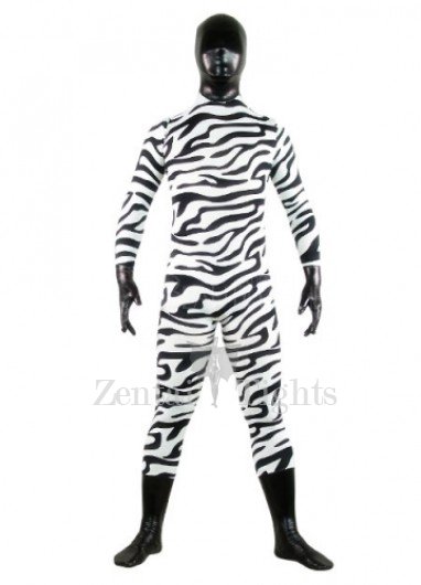 Black And White Zebra Patern Shiny Metallic Lycra Spandex Full body Zentai Suit