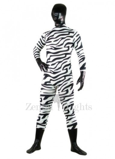 Black And White Zebra Patern Shiny Metallic Lycra Spandex Full body Zentai Suit