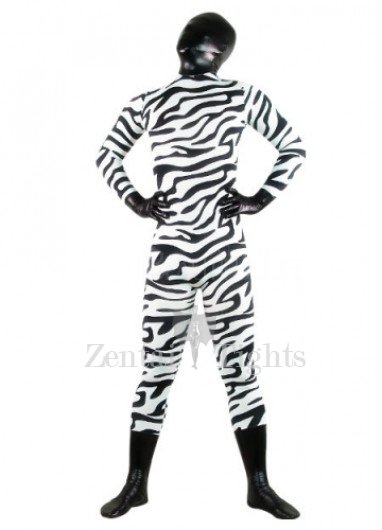 Black And White Zebra Patern Shiny Metallic Lycra Spandex Full body Zentai Suit
