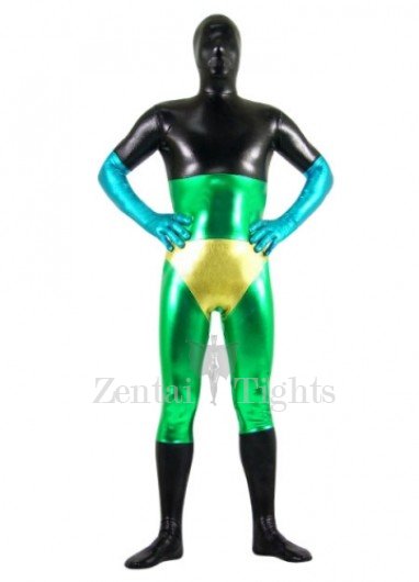 Black Green Blue And Gold Shiny Metallic Full body Zentai Suit