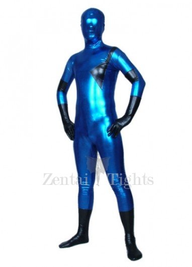 Blue And Black Shiny Metallic Unisex Full body Zentai Suit