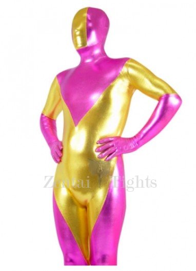 Cherry Pink And Gold Shiny Metallic Super Hero Full body Zentai Suit