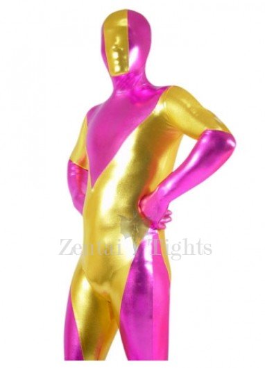 Cherry Pink And Gold Shiny Metallic Super Hero Full body Zentai Suit