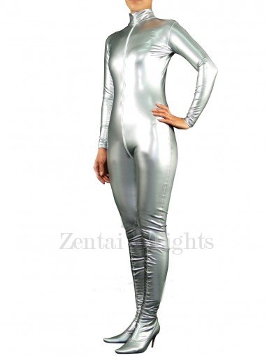 Cool Silver PVC Front Open Unisex Catsuit