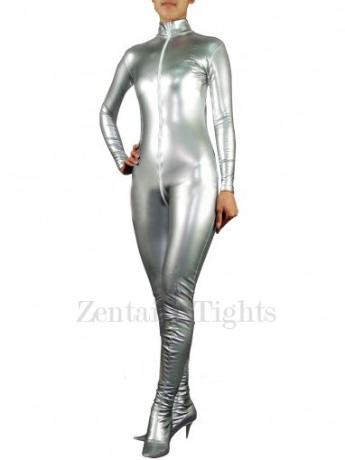 Cool Silver PVC Front Open Unisex Catsuit