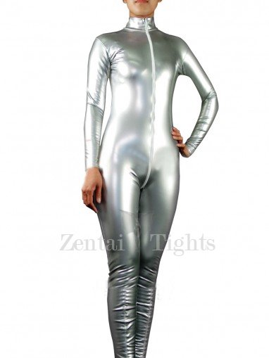Cool Silver PVC Front Open Unisex Catsuit