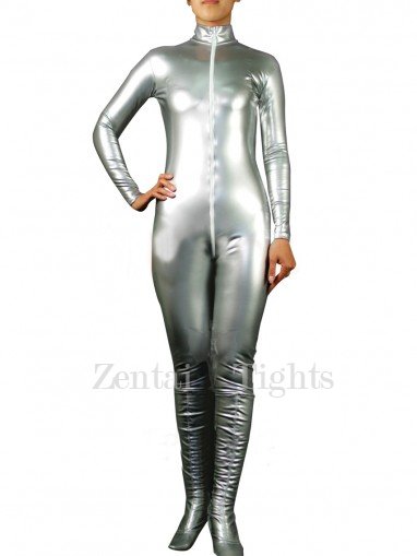 Cool Silver PVC Front Open Unisex Catsuit