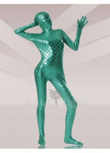 Green Fish Scale Shiny Metallic Full body Zentai Suit