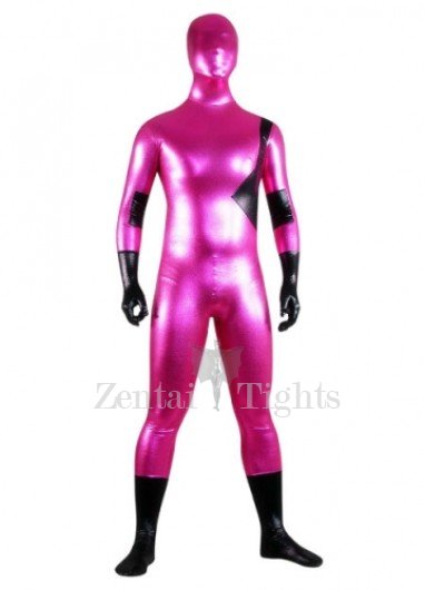Rose And Black Shiny Metallic Lycra Spandex Full body Zentai Suit