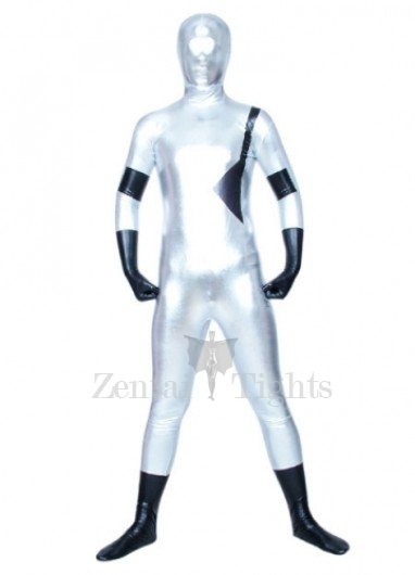 White And Black Shiny Metallic Unisex Full body Zentai Suit