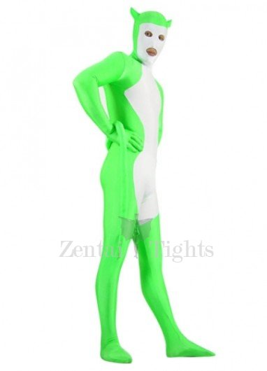 White And Green Shiny Metallic Full body Zentai Suit