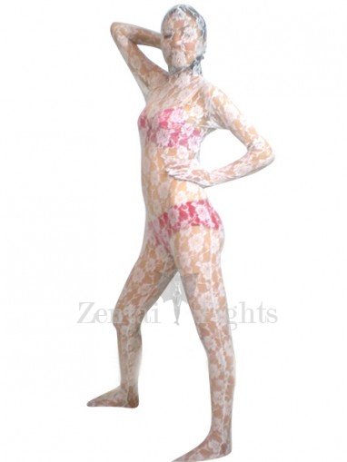 White Transparent Lace Velour Full body Zentai Suit