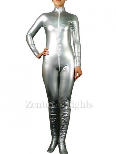Popular Silver PVC Front Open Unisex Catsuit