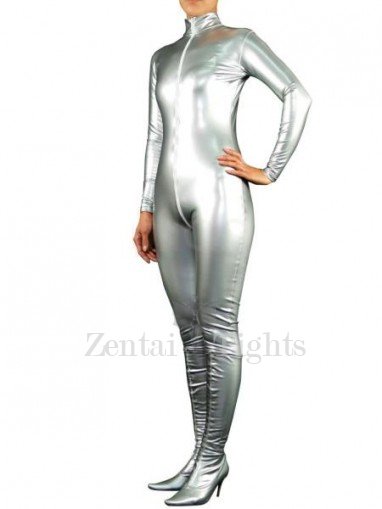 Popular Silver PVC Front Open Unisex Catsuit