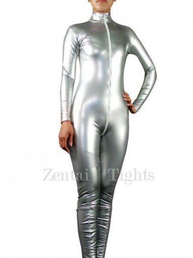 Popular Silver PVC Front Open Unisex Catsuit