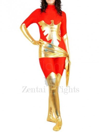 Red Lycra Spandex Unisex Catsuit with Gold Shiny Metallic Phoenix