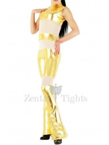 Gold Shiny Metallic with Velour Fabric Half Length Sleeveless Catsuit