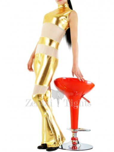 Gold Shiny Metallic with Velour Fabric Half Length Sleeveless Catsuit