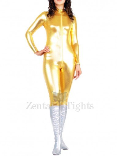 Golden Shiny Metallic Front Open Unisex Catsuit