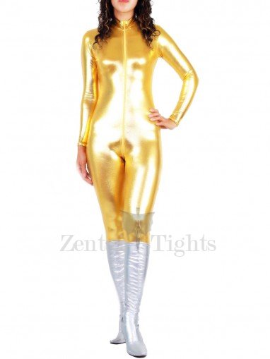Golden Shiny Metallic Front Open Unisex Catsuit