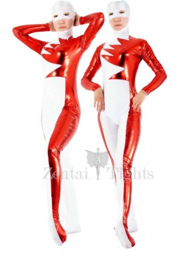 Lycra Spandex White Unisex Catsuit with Red Shiny Metallic Pattern