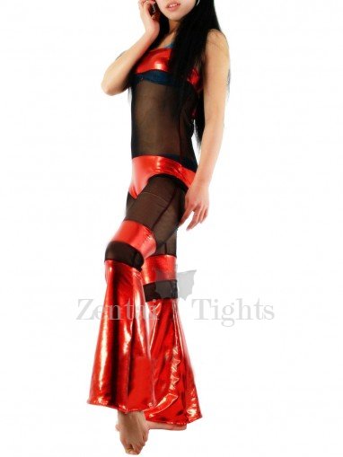 Red Shiny Metallic with Velour Fabric Half Length Sleeveless Catsuit