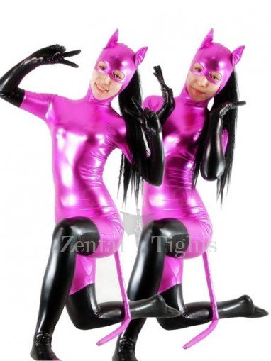Purple Cat Woman Shiny Metallic Catsuit with Black Gloves