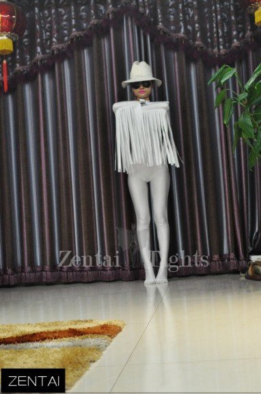 Cowboy Style Fringed White Lycra Tights Soft Breathable and Elastic Full body Zentai Suits Costume