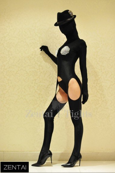 Sexy Black Tights Chest Decoration Full body Zentai Suit Costume