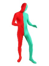 Halloween Red  Green split costume Lycra Spandex Full Body Zentai Suit