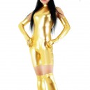 Golden Shiny Metallic Half Length Sleeveless Unisex Catsuit with Gloves and Half Stockings