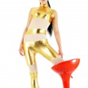 Gold Shiny Metallic with Velour Fabric Half Length Sleeveless Catsuit 