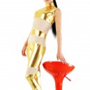 Gold Shiny Metallic with Velour Fabric Half Length Sleeveless Catsuit 