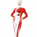 Lycra Spandex White Unisex Catsuit with Red Shiny Metallic Pattern 