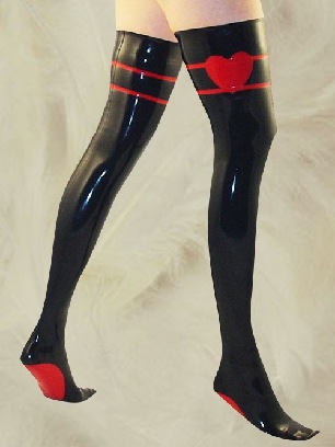 Zentai Black Zentai Latex Stockings with Red Heart Pattern