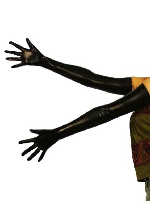 Shiny Metallic Zentai Black Shoulder Length Gloves