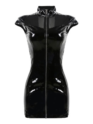 Sexy Catsuits Women Black PVC Veless Stand Bodycon Zentai Dress